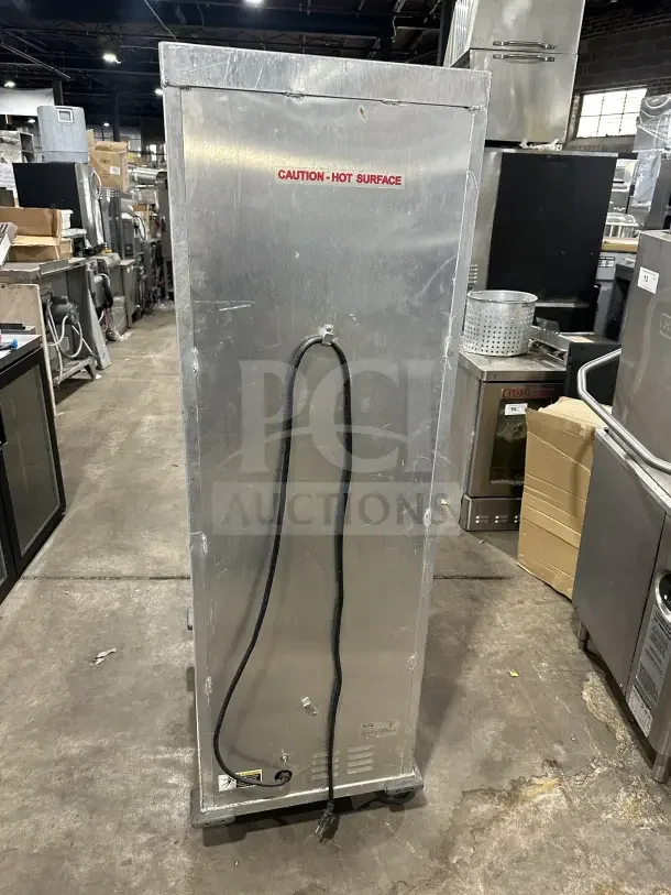Avantco commercial stainless steel heated holding cabinet, model 177HPI1836, with clear door, pan slides, on casters, 120V.