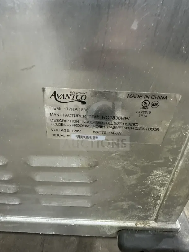 Avantco commercial stainless steel heated cabinet, model 177HPI1836, 120V, on casters, with clear door and pan slides.