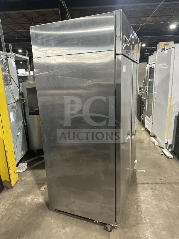 Hoshizaki 55" stainless steel upright freezer, model CF2S-FS, on casters, commercial use, good condition, 115V, 1 phase.