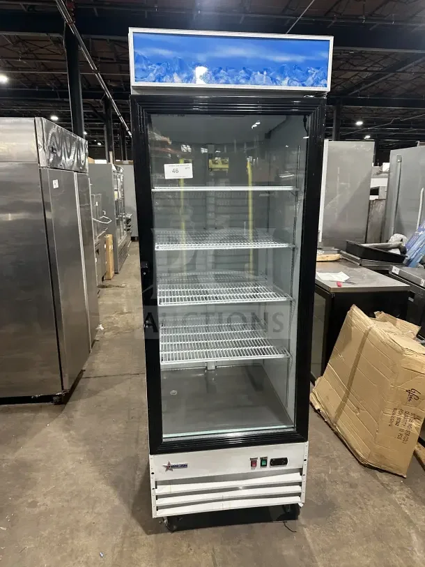 Omcan 28" glass door refrigerator merchandiser, Model G648BMFHC, poly coated wire racks, on casters, white, commercial use.