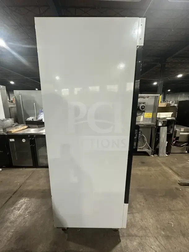 Omcan Commercial 28" Glass Door Refrigerator Merchandiser, Model G648BMFHC, white, poly-coated wire rack, on casters.