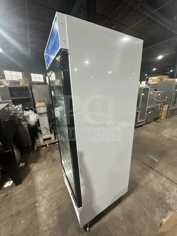 Omcan Commercial Glass Door Refrigerator, model G648BMFHC, 28" one-section, white, on casters, with poly coated wire rack.