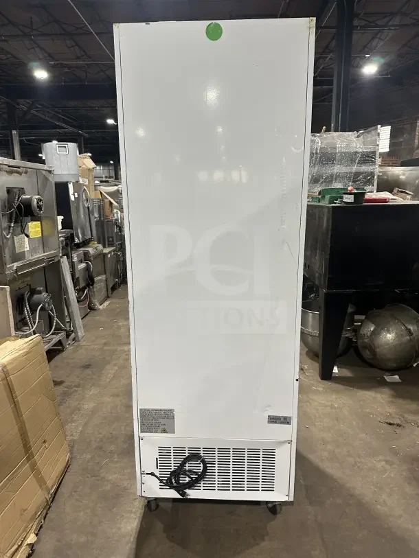 Omcan 28" glass door refrigerator merchandiser, model G648BMFHC, white, on casters, with poly-coated wire rack.
