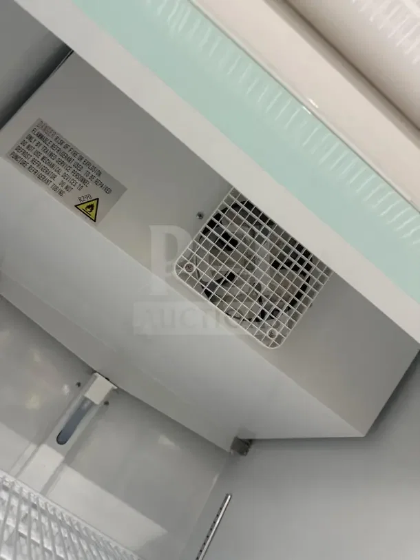 Omcan Commercial Glass Door Refrigerator, Model G648BMFHC. Features poly-coated wire rack, interior fan, and safety label.