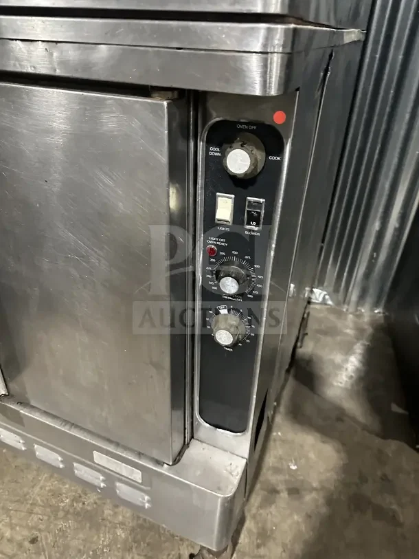 Blodgett stainless steel gas double convection oven with thermostatic controls, on casters, commercial-grade.