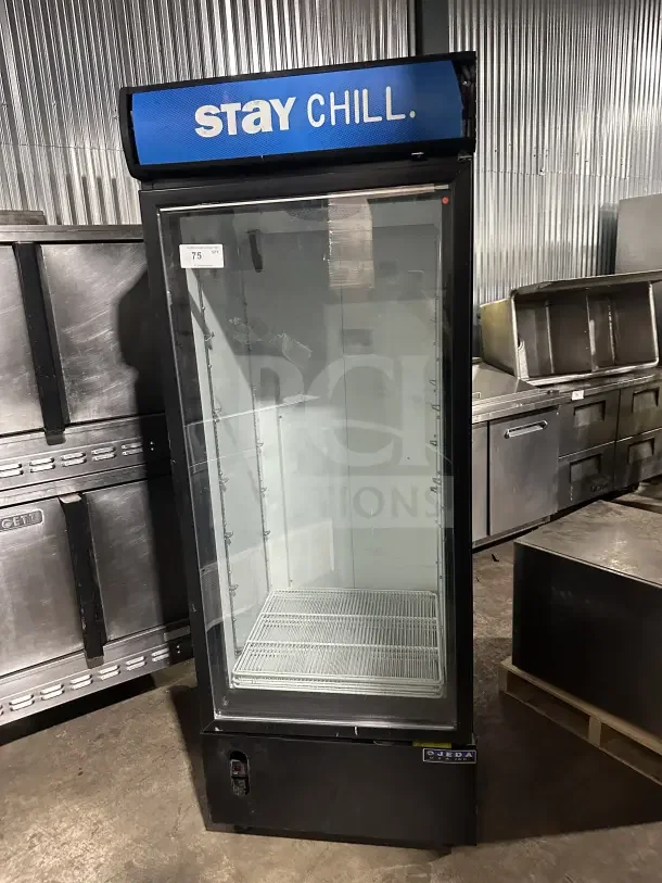 Ojeda FMH-27 black 30" single glass door freezer merchandiser with poly-coated rack, model FMH27, 120V, 1 Phase.