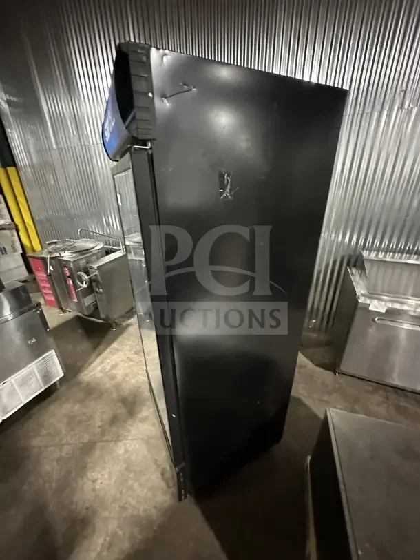 Ojeda Commercial Black 30" single glass swing door reach-in freezer, Model FMH-27, with poly-coated wired rack.
