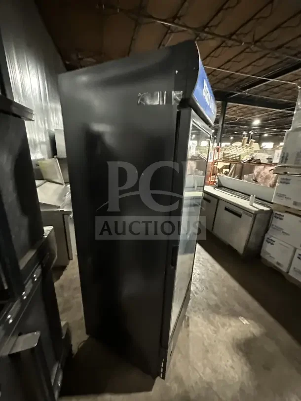 Ojeda Commercial Black 30" Single Glass Swing Door Reach-In Freezer, Model FMH-27, with poly-coated wire rack, 120V, 1 Phase.