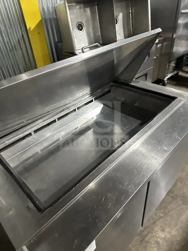 Kelvinator KCHMT418 stainless steel 2-door refrigerated prep table, open top, on casters, model SN: 014222002.
