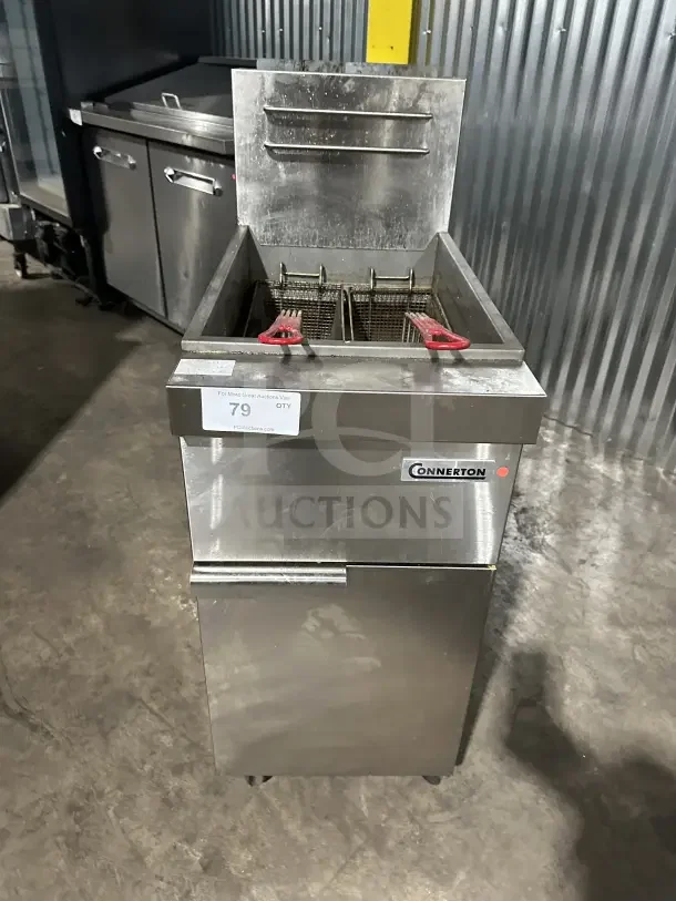 Connerton 50 lb. stainless steel floor fryer, model CSGF4ADT, with backsplash, basket hanger, and casters. Natural gas powered.