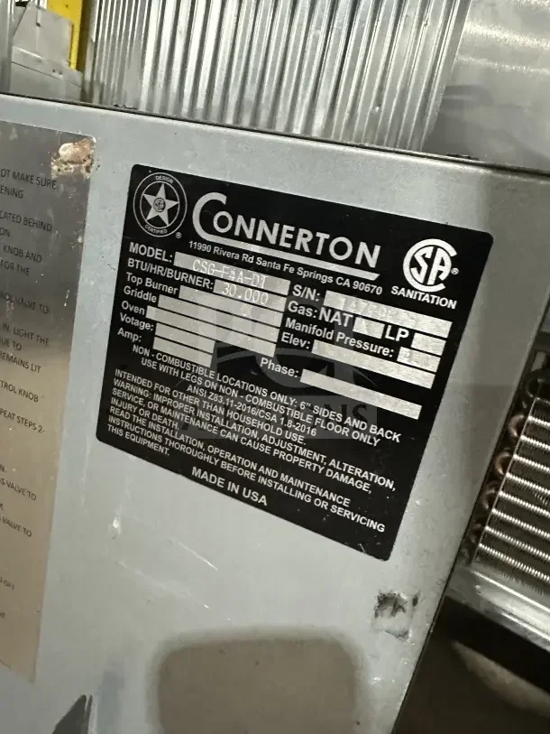 Connerton Commercial Stainless Steel 50 lb. Floor Fryer, Model CSGF4ADT, natural gas, with backsplash, basket hanger, on casters.