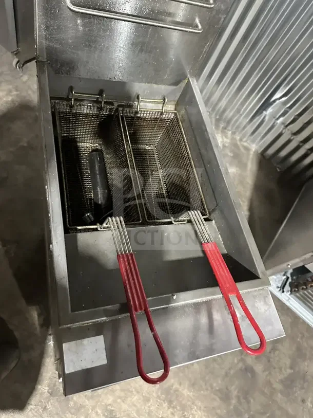 Connerton CSGF4ADT stainless steel floor fryer, 50 lb. capacity, with basket hanger, fry baskets, back splash, on casters.