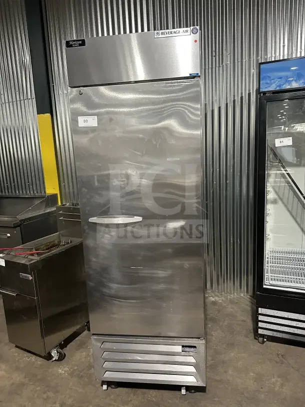 Beverage-Air Horizon 27" stainless steel reach-in freezer, model HBF23HC-1, on casters, solid door, 115V, 1 phase.