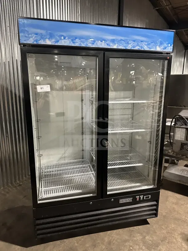 MoTak MGD2DR48X two-section glass door refrigerator, black, electric, on casters, with poly-coated wire racks, 115V.