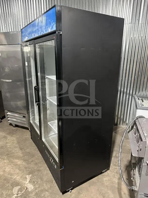 MoTak black electric glass door refrigerator, model MGD2DR48X, two-section, poly-coated racks, on casters, 115V.