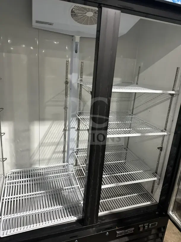 MoTak commercial glass door refrigerator model MGD2DR48X, black, poly coated wire rack, casters, 115V, SN: 157067021.