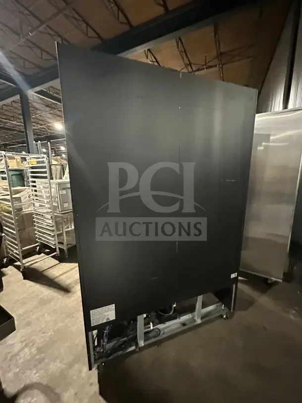 MoTak MGD2DR48X black electric two-section glass door refrigerator, poly coated racks, on casters, 115V, serial number 157067021.