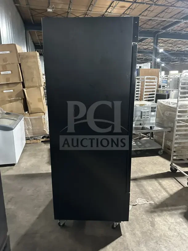MoTak commercial black two-section glass door refrigerator, model MGD-2DR-48-X, on casters, side view.