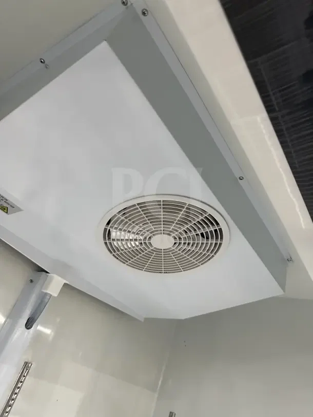 MoTak MGD2DR48X commercial fridge interior showing vent and wiring. Poly-coated racks visible, new condition, 115V.