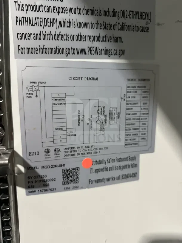 MoTak commercial glass door fridge, model MGD-2DR-48-X, features poly-coated wire racks, on casters, 115V. Serial: 157067021.