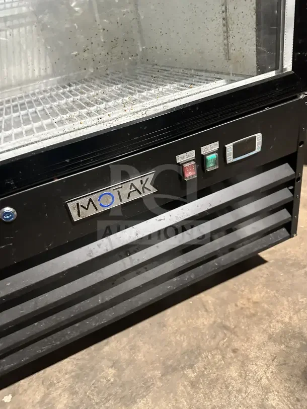 MoTak MGD2DR48X black two-section glass door refrigerator, commercial use, poly-coated wired rack, on casters, Model MGD-2DR-48-X, SN 157067021, 115V.