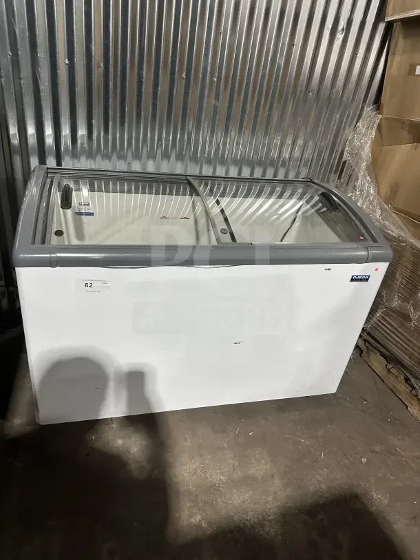 Ojeda NBH61 mobile glass top ice cream freezer, white, commercial use, electric powered, model NBH61, SN: 002735030815B.