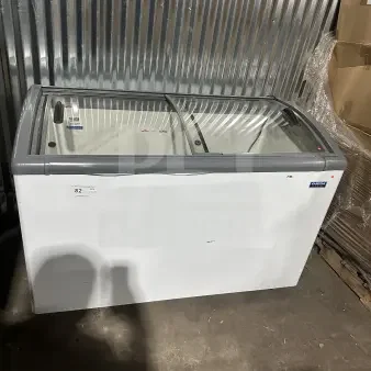 Ojeda USA Commercial White Electric Powered Mobile Glass Top Bunker Ice Cream Freezer!!! Model: NBH61 SN: 002735030815B! 120V! 1 Phase!!