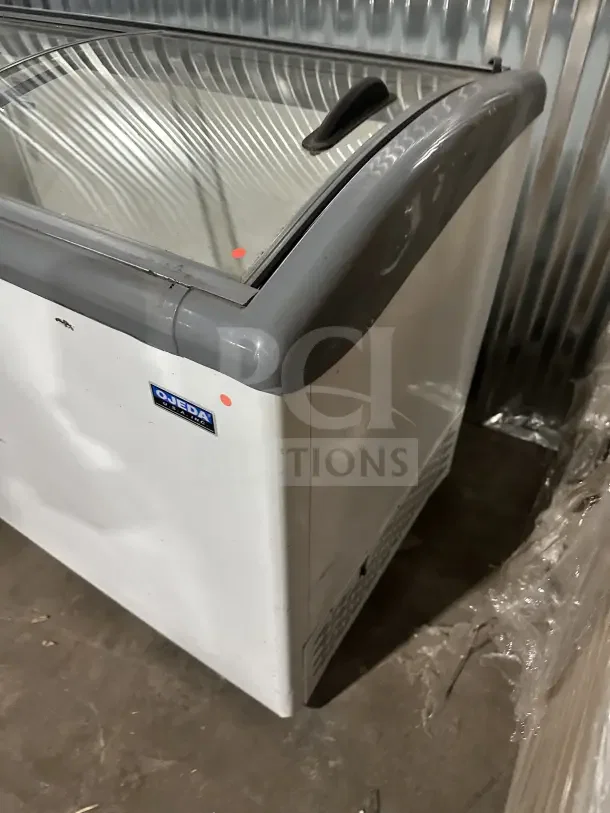 Ojeda USA Commercial ice cream freezer, model NBH61, white, electric-powered, glass top, 120V, 1 phase, serial 002735030815B.