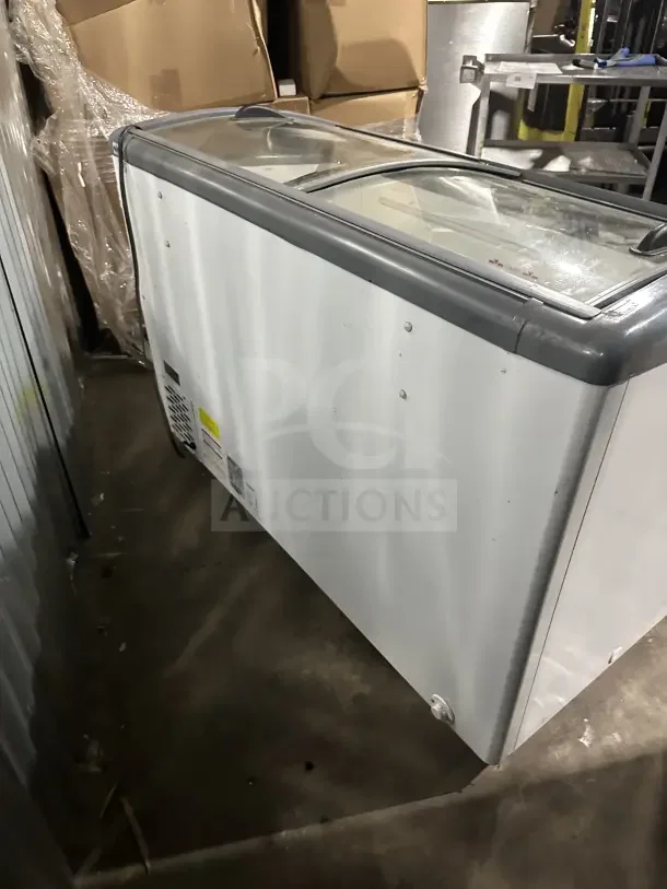 Ojeda USA Model NBH61 ice cream freezer, white, glass top, electric, 120V, 1 phase, commercial use, good condition.