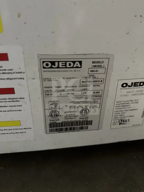 Ojeda NBH61 Commercial Electric Mobile Ice Cream Freezer, white, glass top, 120V, 1 phase, SN: 002735030815B, with label.