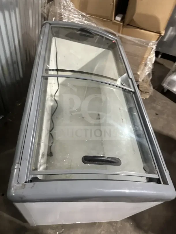 Ojeda USA Commercial White Electric Ice Cream Freezer, Model NBH61, Glass Top, 120V, Good Condition, Serial 002735030815B.