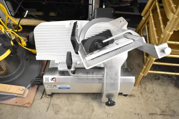 2021 Globe S13 Commercial Meat Slicer with Blade Sharpener, 110V, 1 Phase, excellent condition, labels highlight sharp blade warning.