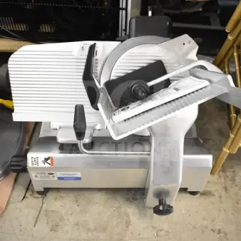 2021 Globe S13 Commercial Meat Slicer with Blade Sharpener, 110V, 1 Phase, excellent condition, labels highlight sharp blade warning.