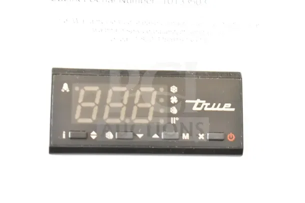 Digital control panel of a 2021 True TSCI-600R-G-PH cooler, displaying temperature settings and brand logo.