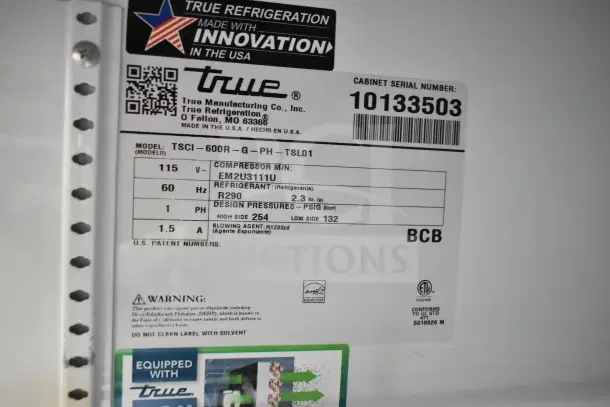 2021 True TSCI-600R-G-PH commercial cooler label, 115 volts, R290 refrigerant, single-phase, made in USA, serial 10133503.