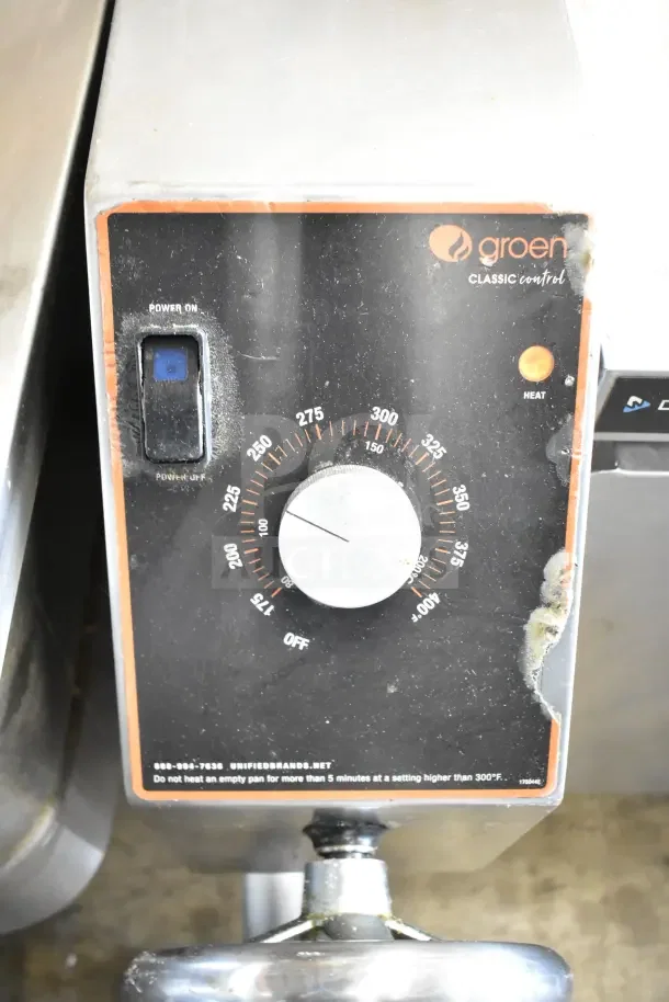 Groen BPM-15EC electric braising pan control panel, dial with temperature settings, and power switch visible.