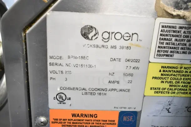 2022 Groen BPM-15EC 15 Gal Electric Braising Pan. Features: 208V, 3 Phase, Manual Tilt. Model tag details power specs.