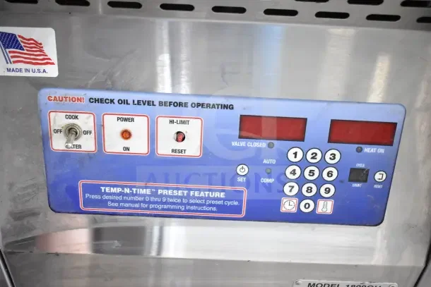 Broaster 1800 Commercial Gas Pressure Fryer control panel with preset feature, power switch, and USA-made label.