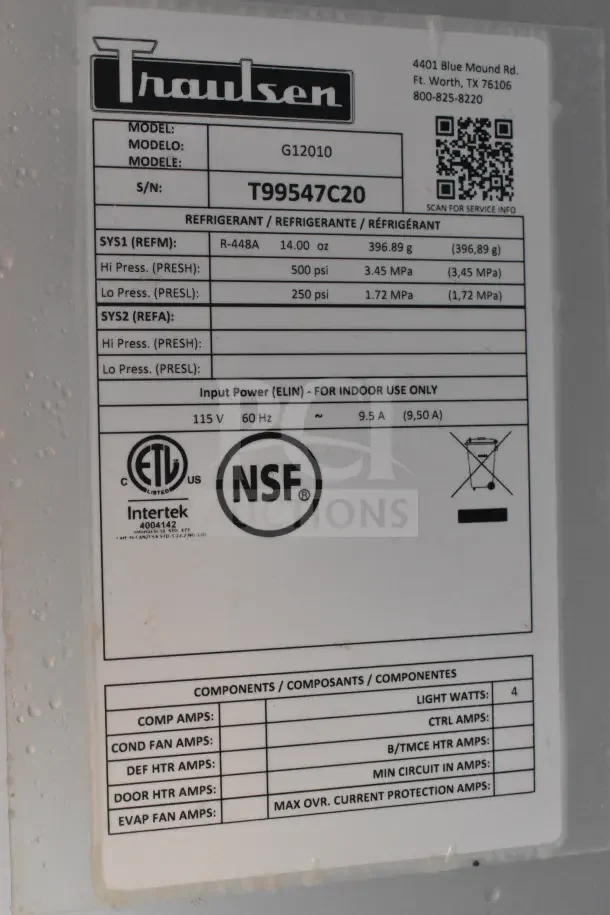 2020 Traulsen G12010 commercial single door cooler label detailing refrigerant info, electrical specs, and certification logos.