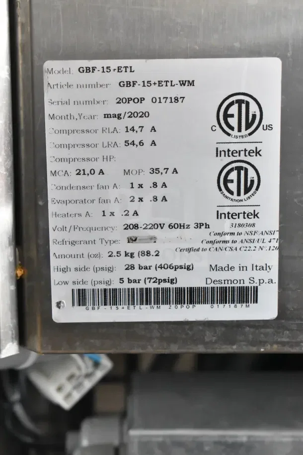 2020 Desmon GBF-15+ETL stainless steel blast chiller with 4 probes, 220V, 3-phase. Serial: 20POP 017187. Made in Italy.