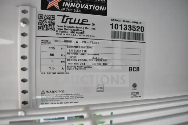 2021 True TSCI-600R-G-PH cooler label showing specs: 115V, R290 refrigerant, 1 phase, serial 10133520.