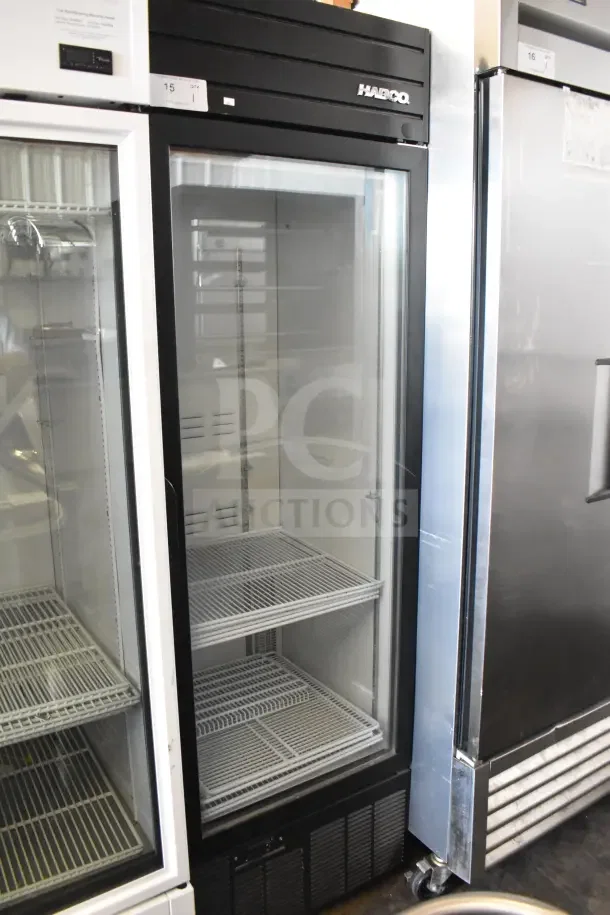 2019 Habco SE18 commercial single door reach-in cooler, black frame, glass door, interior shelving, 115V, 1-phase.