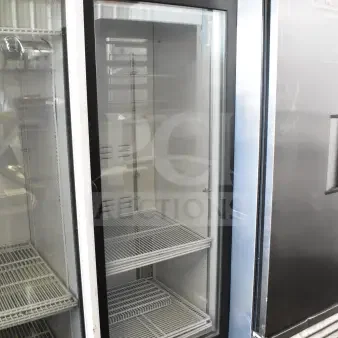 2019 Habco SE18 commercial single door reach-in cooler, black frame, glass door, interior shelving, 115V, 1-phase.