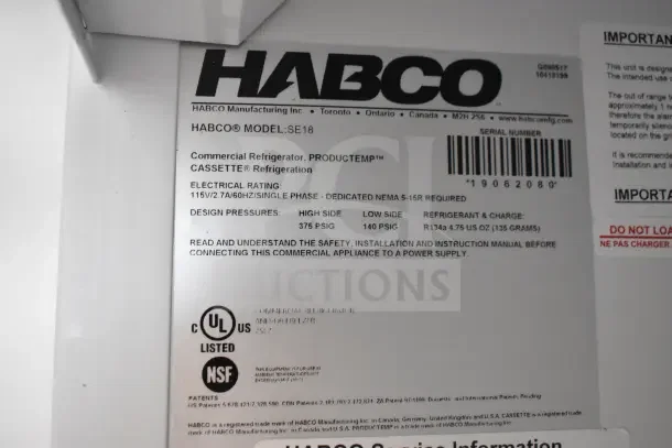 2019 Habco SE18 Commercial Cooler label, showing model, electrical specs, and UL/NSF listings. 115V, 1 Phase, R134A refrigerant.