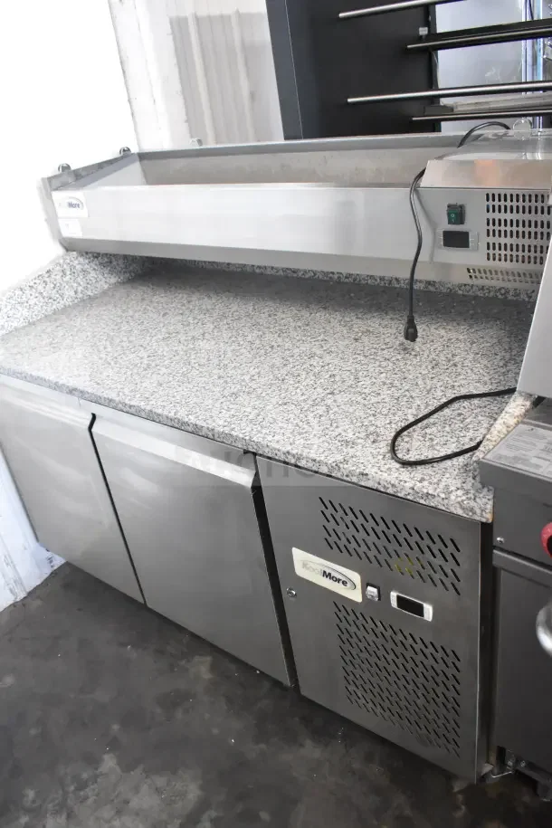 KoolMore KM-RPPS-2D59-GRT 59 in. pizza prep station with granite top, stainless steel pan holder, commercial casters, 115V.