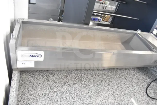 KoolMore 59" commercial refrigerated granite top pizza prep station, model KM-RPPS-2D59-GRT, stainless steel with pan holder.
