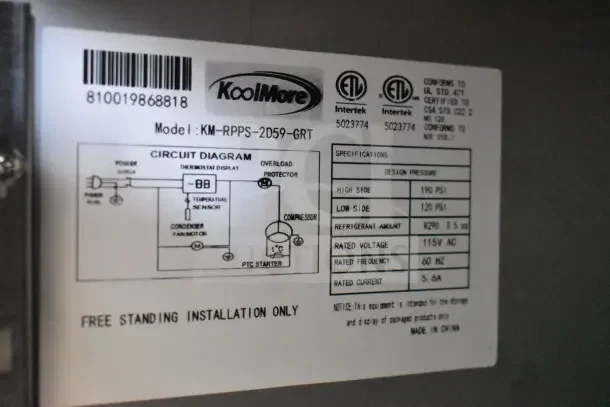 KoolMore KM-RPPS-2D59-GRT label showing circuit diagram, voltage, CSA and UL certifications, R290 refrigerant details.