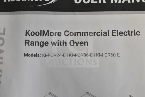 KoolMore KM-CR36-E commercial electric range user manual showing model options; features 6 burners, 1 oven.