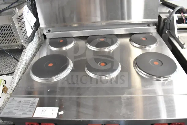 Brand new KoolMore KM-CR36-E commercial range, 6 burners, 1 electric oven; scratch and dent condition shown.