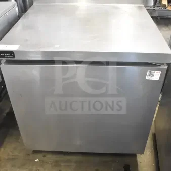 2019 Delfield GUR32BP-S commercial work top cooler, stainless steel, on casters, single door, well-maintained condition.